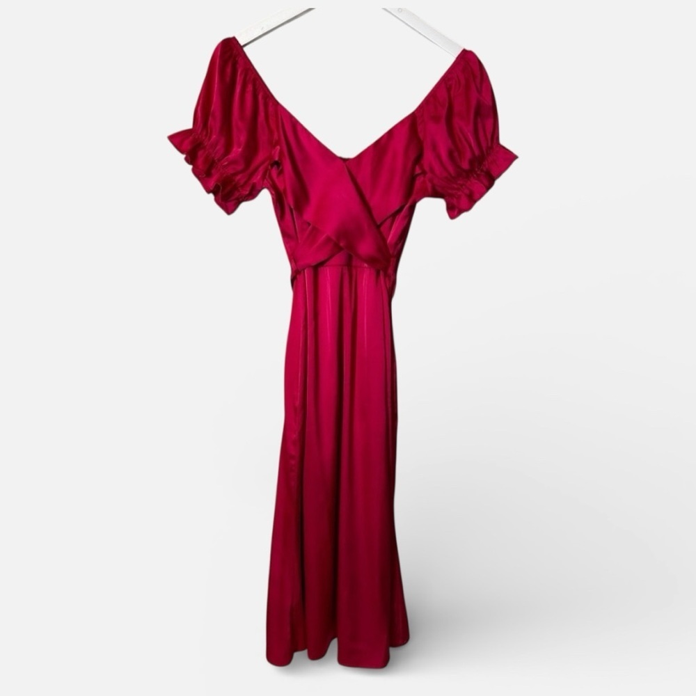 North End Boutique Satin Flirty Milkmaid Pink Puff Sleeve Bow Midi Dress Small - Picture 2 of 7